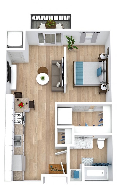 a drawing of a bedroom with a bathroom and a living room